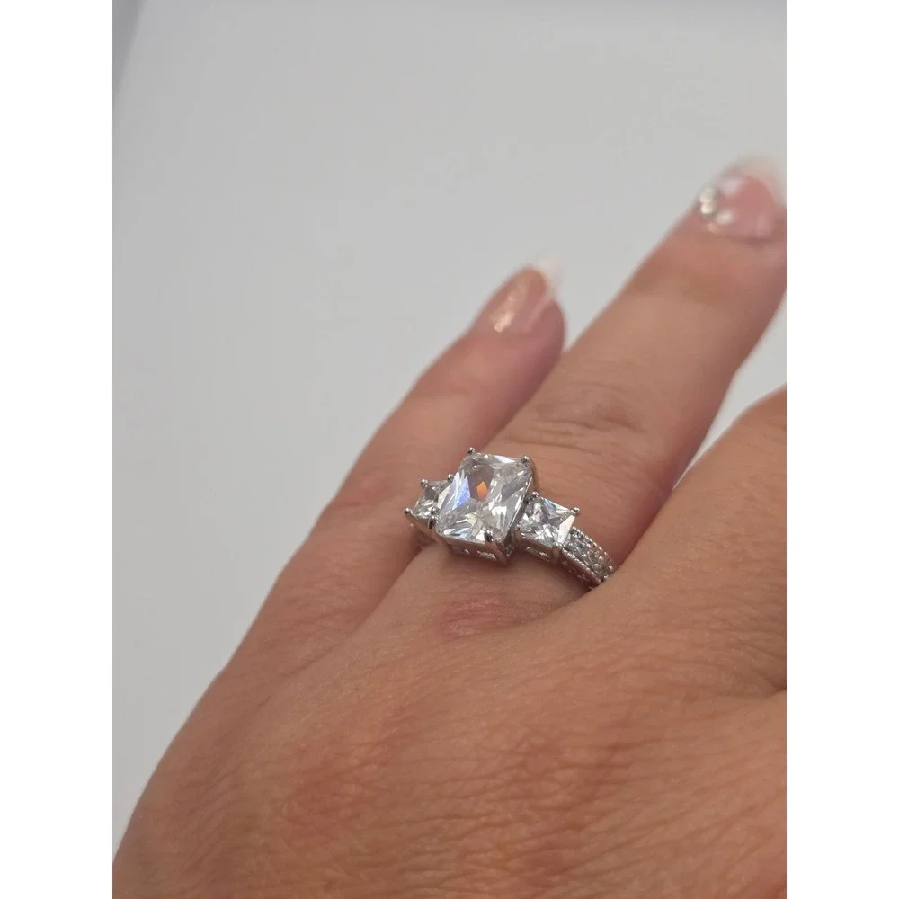 Emerald Cut Three Stone Engagement Ring Silver Tone Size 7.25
